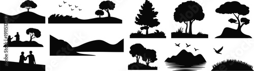 Nature landscape silhouette set with hills, trees, mountains, birds and people, black outdoor scenery collection isolated on white background for design and decoration.