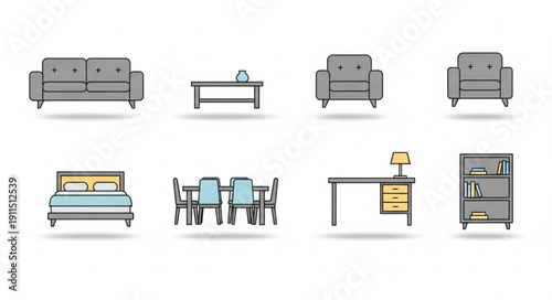 Collection of modern furniture icons for home and office.