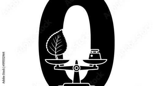 Balance scale with leaf and weight symbolizing environmental equilibrium.