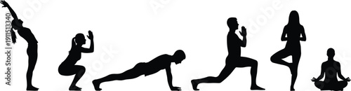 Yoga and fitness silhouettes of men and women practicing various poses, meditation, stretching, lunges, planks, and healthy lifestyle exercises, wellness vector icons,