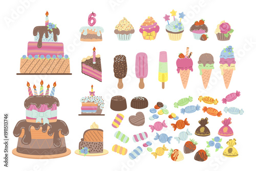 Set of colorful birthday-themed desserts including cakes, cupcakes, ice cream, and candies in a vector illustration. Perfect for party invitations and celebration designs.
