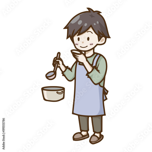 料理の味見をするエプロン姿の男性のイラスト（家事・育児）