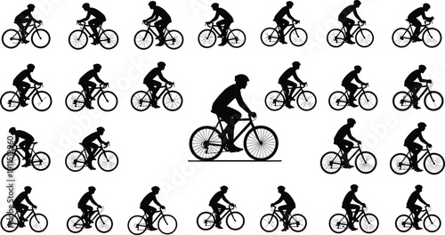 Black vector silhouette collection of professional male and female cyclists riding road bikes in various action poses for fitness sports and outdoor activity branding, (24 words)