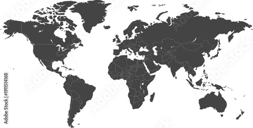 Detailed World Map with Country Borders, Dark Gray Political Global Map Vector Illustration Isolated on Light Background