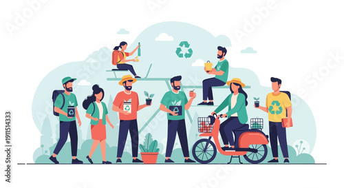 Global Eco Community Group Supporting Recycling, Planting, and Sustainable Lifestyle – Environmental Awareness Vector Illustration.