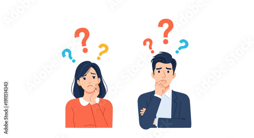 Confused Couple Thinking with Question Marks Above Head. Man and Woman Facing Dilemma, Searching for Answers.