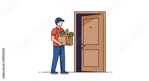 Doorstep Grocery Delivery: Courier Holding Food Box at Home Entrance. E-commerce and Last Mile Logistics Illustration.