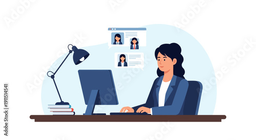 Virtual Recruitment and Online Interview Process. Woman HR Manager Reviewing Candidate Profiles on Desktop Computer.