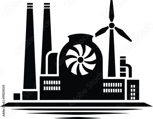 Industrial landscape with renewable energy sources and factories