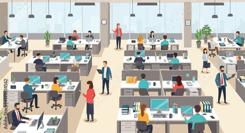 Busy Open Plan Office Environment. Business Team Working at Desks in a Large Corporate Open Space. Vector Illustration of Daily Productivity and Workplace Routine.