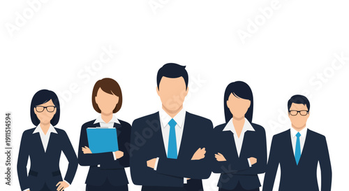 Professional Business Team Avatars: Corporate Staff Group Portrait Vector Illustration. Diverse Employees and Leadership Standing Confidently.