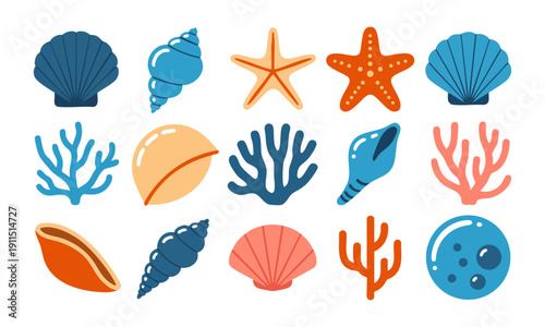 Summer beach marine life flat vector icon bundle illustration set, easily editable.