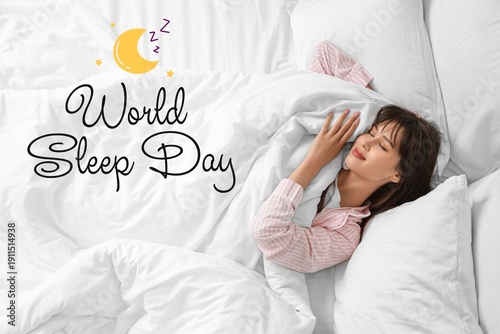 Morning of beautiful young woman in bed, top view. World Sleep Day