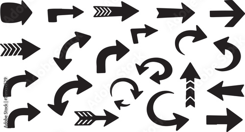 Collection of various black arrows on white background