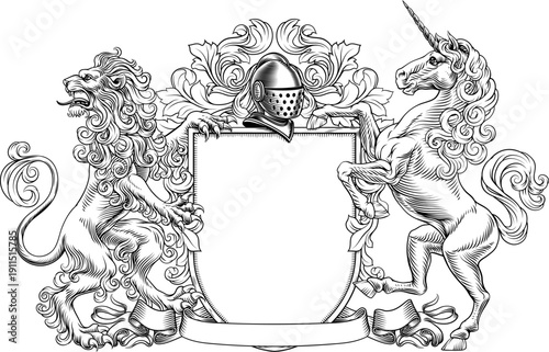 A unicorn and lion coat of arms or crest family heraldry medieval heraldic knight shield with helmet and acanthus filigree scroll ornament in a vintage woodcut style.