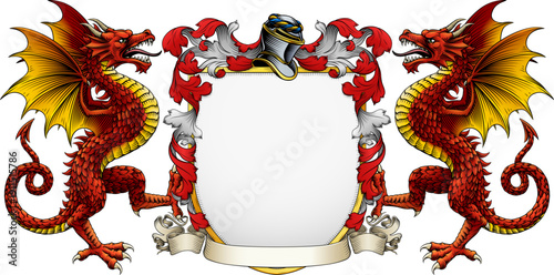 Wyvern dragons coat of arms or crest family heraldry medieval heraldic knight shield with helmet and acanthus filigree scroll ornament in a vintage woodcut style.