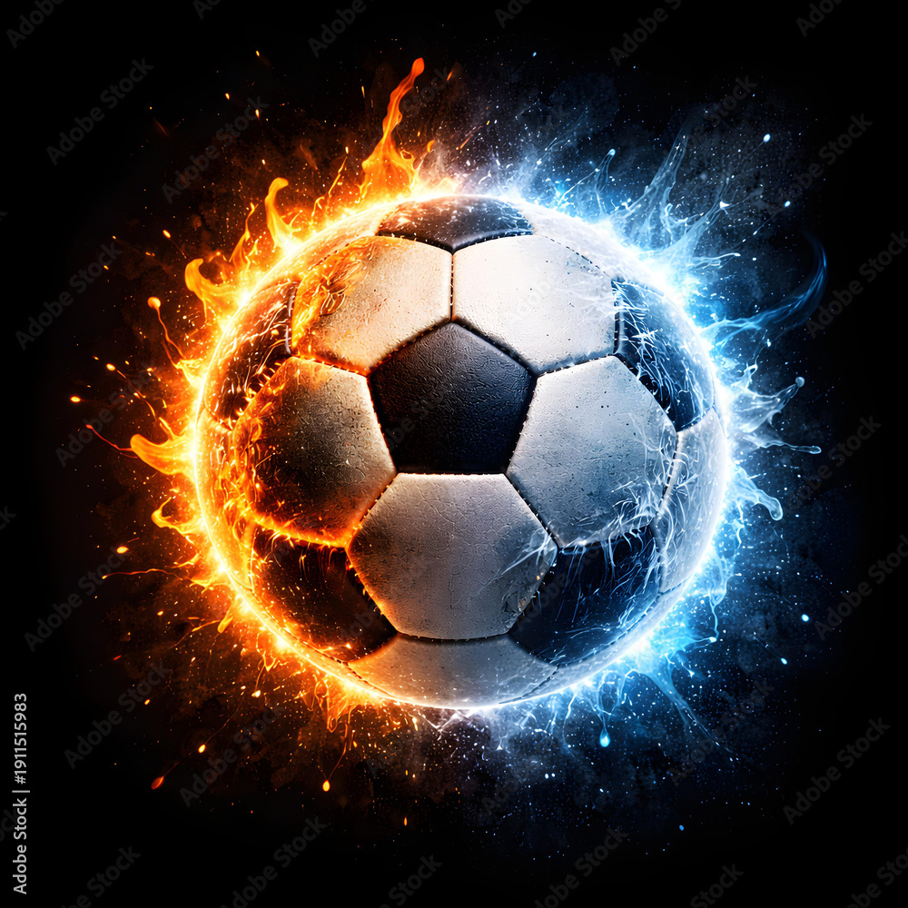 Fototapeta premium Football with Fire and Ice Energy Splash
