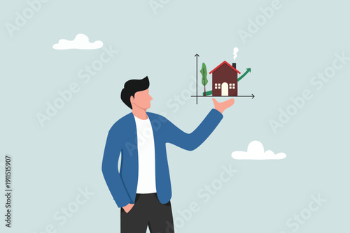 House and property investment, real estate price growth or mortgage calculation chart, buy or rent house decision concept, smart businessman property expertise presenting house pricing graph.