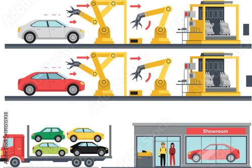 Car manufacturing assembly line vector illustration with robotic arms, automated factory production, vehicle transport truck and showroom dealership