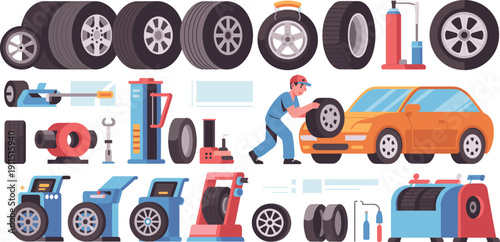 Car tire service and wheel maintenance vector illustration set with mechanic, balancing machine, replacement tools and auto workshop equipment