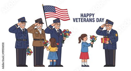 Happy Veterans Day: Honoring US Military Veterans Saluting Under the American Flag. Children Presenting Flowers and Gifts to Retired Soldiers.