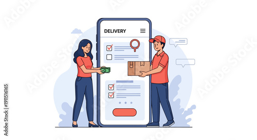 Online Delivery Service App Illustration: Customer Paying Cash to Courier Receiving Package in Front of Mobile Order Tracking Screen.