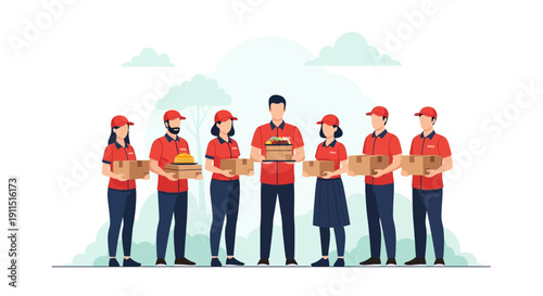 Delivery Team Staffing Vector Illustration. Group of Couriers in Red Uniforms Holding Food Boxes and Parcels. Fast Logistics and E-commerce Service.