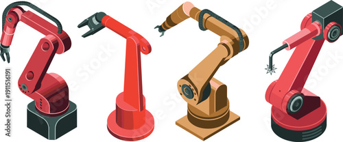 Isometric industrial robotic arm set vector illustration for factory automation, welding, assembly and advanced manufacturing technology