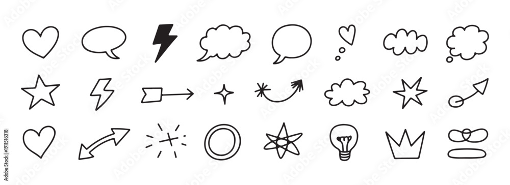 Naklejka premium A collection of hand drawn doodle elements hearts speech bubbles clouds lightning and stars