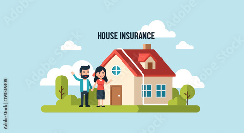 Happy Couple and House Insurance Concept. Flat Vector Illustration of Home Protection, Property Security, and Financial Coverage.