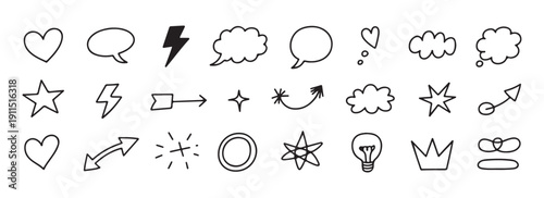A collection of hand drawn doodle elements hearts speech bubbles clouds lightning and stars