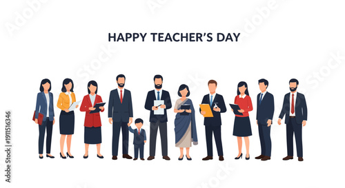 Happy Teacher's Day Vector. Diverse Group of Professional Teachers, Educators, and Faculty Staff Standing Together. Educational Teamwork Illustration.