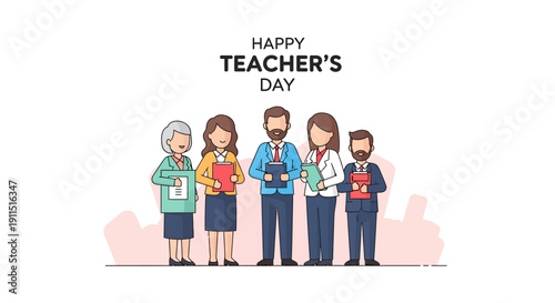 Happy Teacher's Day greeting card or banner template. Diverse group of professional educators standing together. Outline vector illustration.