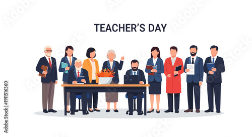 Teacher's Day Celebration Vector: Diverse Group Portrait of Professional Faculty, University Professors, and School Administration Staff.
