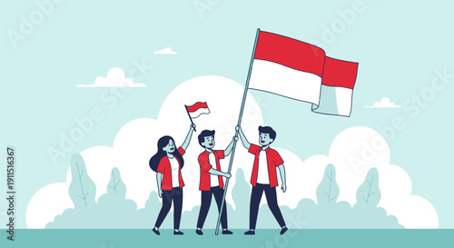 Indonesian Youth Holding Merah Putih Flag: National Day Celebration, Patriotism, and Unity Vector Illustration