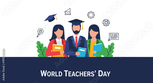 World Teachers' Day Celebration: Diverse Professional Educators Team with Graduation Cap and Books. Flat Vector Illustration for Academic Staff Appreciation.