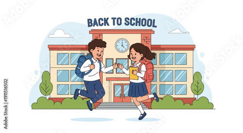 Back to School: Happy Students Jumping with Backpacks Outside School Building. Start of New Semester Education Concept Flat Illustration.
