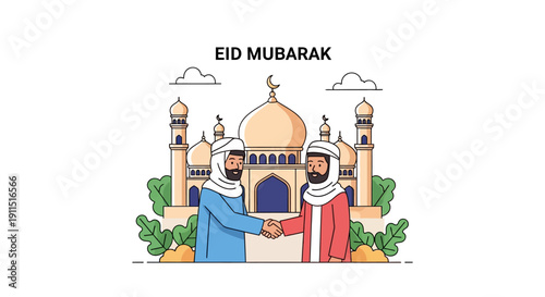 Eid Mubarak Handshake Illustration. Muslim Men Greeting outside Mosque for Holiday Celebration.