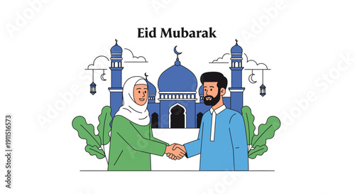 Eid Mubarak Greeting: Muslim Couple Shaking Hands in front of Mosque. Islamic Holiday Celebration, Ramadhan End, Flat Line Art Vector Illustration.
