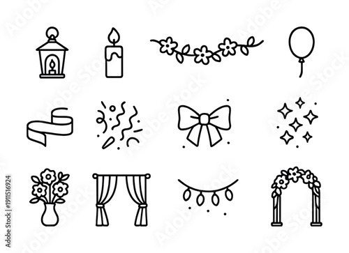 Decorative icons: lantern, candle, flowers, balloon, confetti, bow, stars, vase, curtain, lights, arch