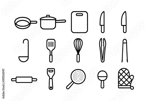 Black and white kitchen utensil icons set featuring frying pan, saucepan, cutting board, and more