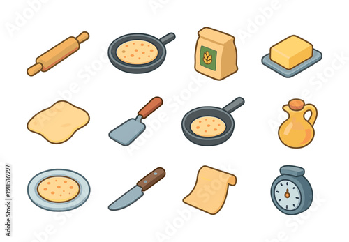 Bakery essentials: rolling pin, skillet, flour bag, butter, dough, spatula, olive oil, knife, timer