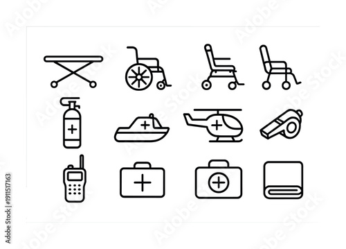 Emergency medical icons: stretcher, wheelchair, helicopter, first aid