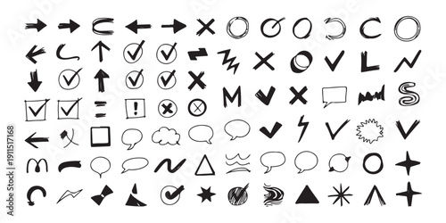 Set of hand drawn arrows and marks for design elements isolated on white background vector doodle collection
