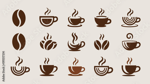 A collection of brown coffee beans and steaming cups illustrated in a simple graphic style arranged in a grid pattern high quality professional detailed modern elegant