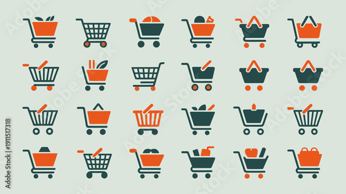 An assortment of shopping cart icons is displayed in varying colors and styles against a light green background high quality professional detailed modern elegant stylish clean