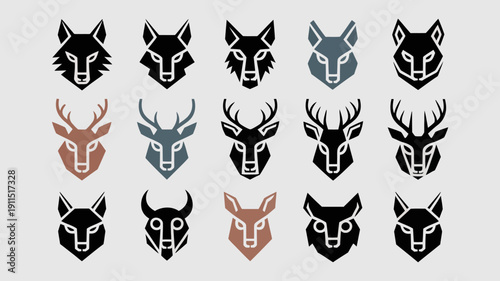 A grid displays repeating animal head silhouettes including wolves deer and bulls in a variety of muted earthy color schemes high quality professional detailed modern elegant