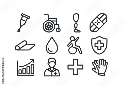 Set of medical and rehabilitation icons featuring equipment and healthcare symbols