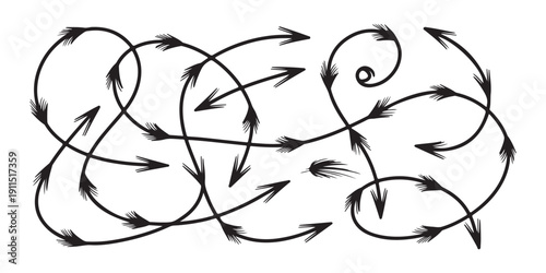 Doodle tangled arrows pattern, hand drawn black pointers and curved lines creating intricate abstract background