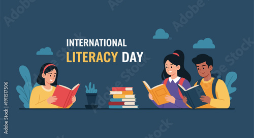 International Literacy Day Illustration: Diverse Students Reading Books for Global Education and Knowledge Awareness